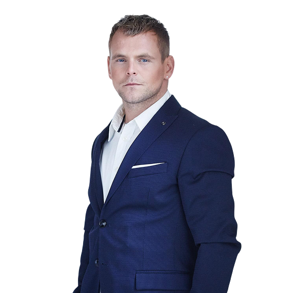 Artificial Intelligence 10 Man in blue suit posing over white artistic wall from bricks